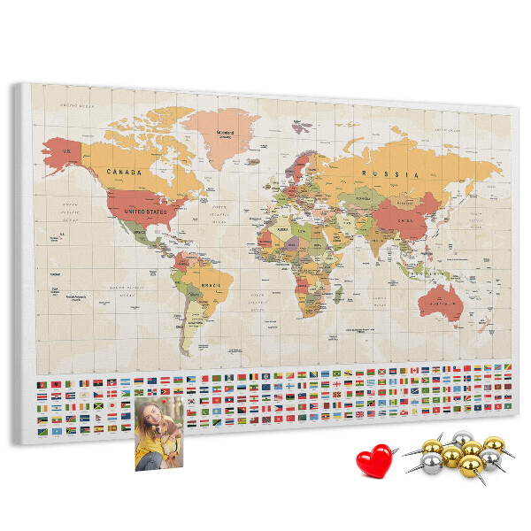 Tableau affichage liège Carte du monde avec drapeaux des pays en couleur