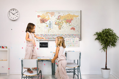 Tableau affichage liège Carte du monde avec drapeaux des pays en couleur
