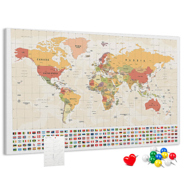 Tableau affichage liège Carte du monde avec drapeaux des pays en couleur
