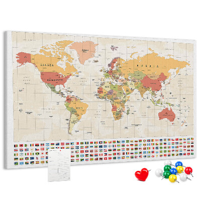 Tableau affichage liège Carte du monde avec drapeaux des pays en couleur