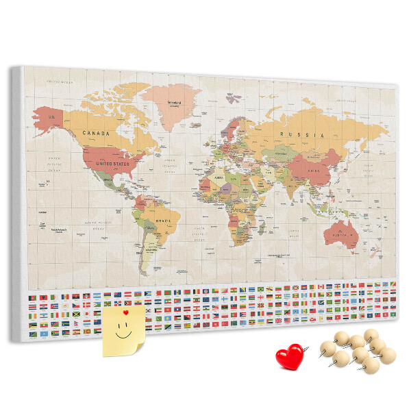 Tableau affichage liège Carte du monde avec drapeaux des pays en couleur
