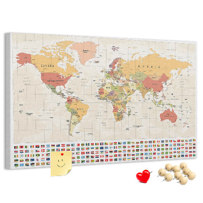 Tableau affichage liège Carte du monde avec drapeaux des pays en couleur
