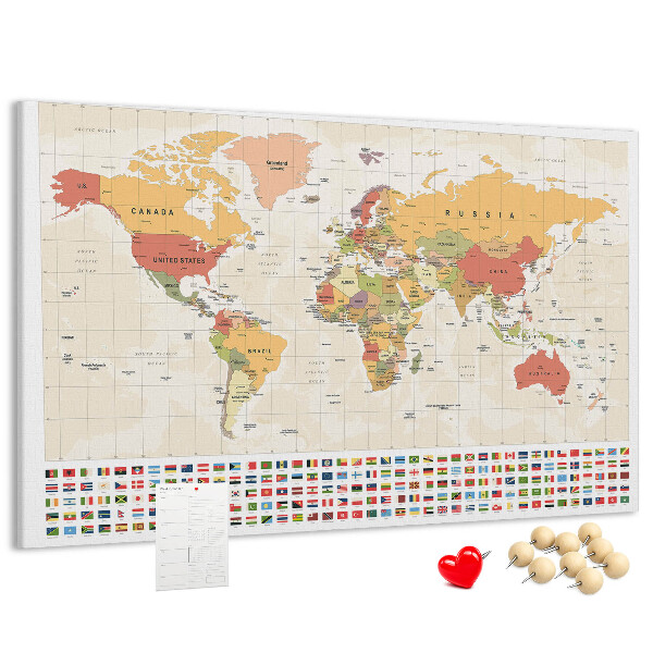 Tableau affichage liège Carte du monde avec drapeaux des pays en couleur