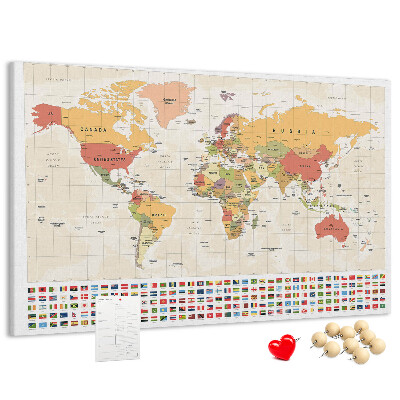 Tableau affichage liège Carte du monde avec drapeaux des pays en couleur