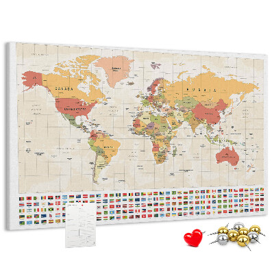 Tableau affichage liège Carte du monde avec drapeaux des pays en couleur