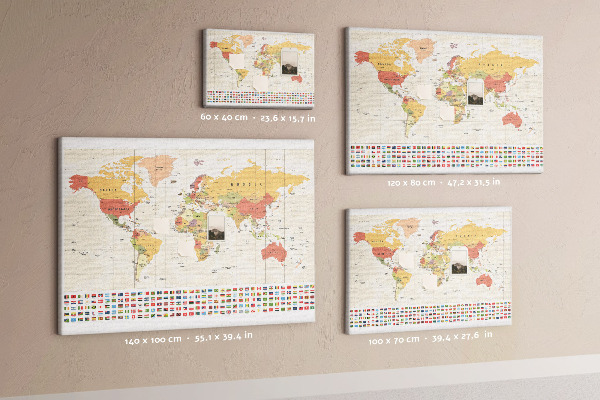 Tableau affichage liège Carte du monde avec drapeaux des pays en couleur