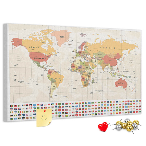 Tableau affichage liège Carte du monde avec drapeaux des pays en couleur