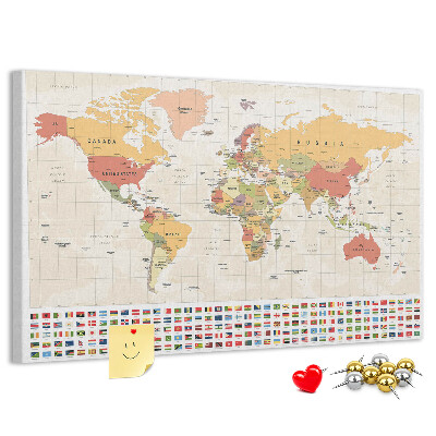 Tableau affichage liège Carte du monde avec drapeaux des pays en couleur