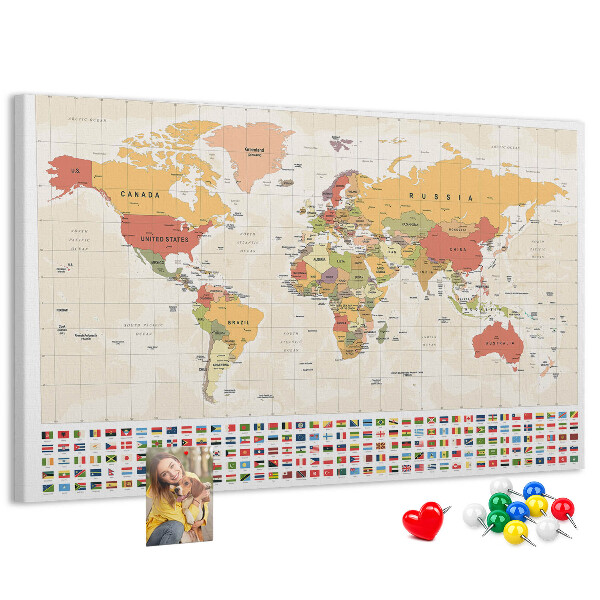 Tableau affichage liège Carte du monde avec drapeaux des pays en couleur