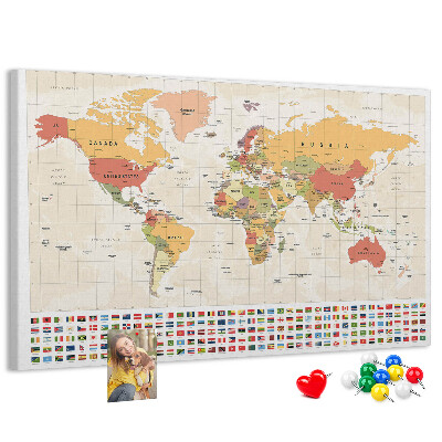 Tableau affichage liège Carte du monde avec drapeaux des pays en couleur