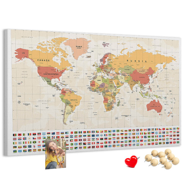 Tableau affichage liège Carte du monde avec drapeaux des pays en couleur