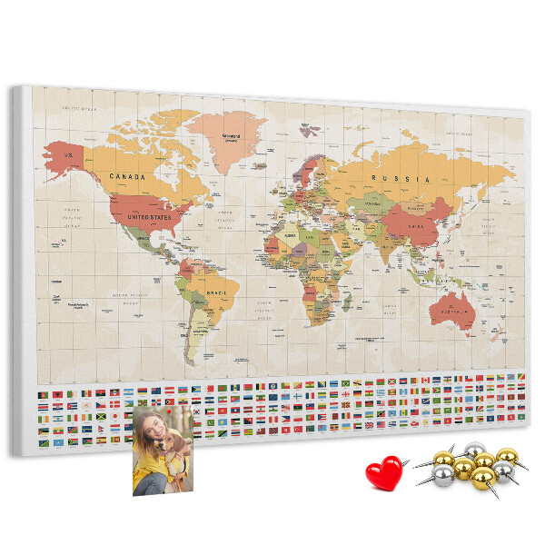 Tableau affichage liège Carte du monde avec drapeaux des pays en couleur