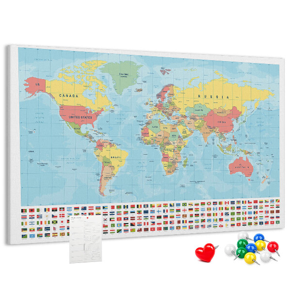 Tableau de liège Carte du monde avec drapeaux colorés.