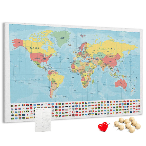 Tableau de liège Carte du monde avec drapeaux colorés.