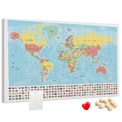Tableau de liège Carte du monde avec drapeaux colorés.