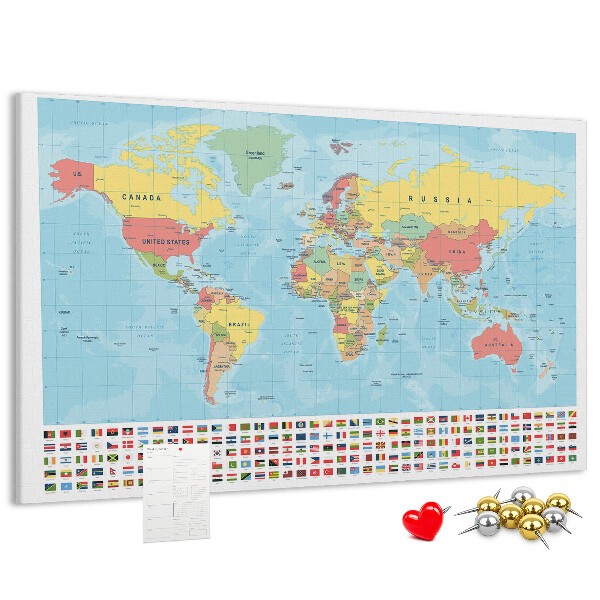 Tableau de liège Carte du monde avec drapeaux colorés.