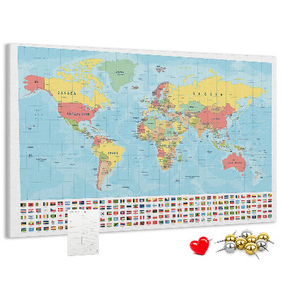 Tableau de liège Carte du monde avec drapeaux colorés.