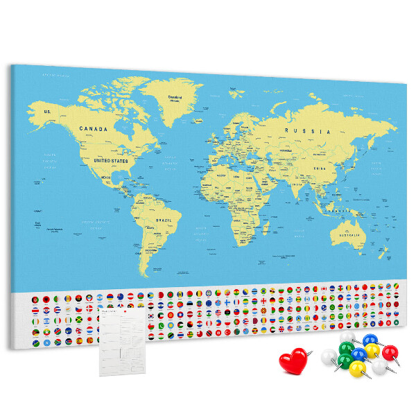 Tableau en liège Carte du monde avec les drapeaux des pays