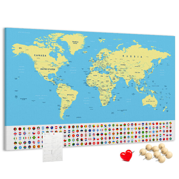 Tableau en liège Carte du monde avec les drapeaux des pays