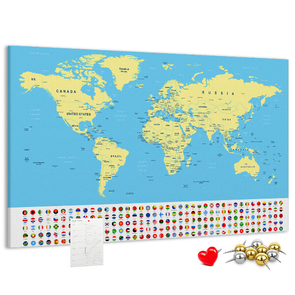 Tableau en liège Carte du monde avec les drapeaux des pays