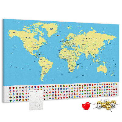 Tableau en liège Carte du monde avec les drapeaux des pays