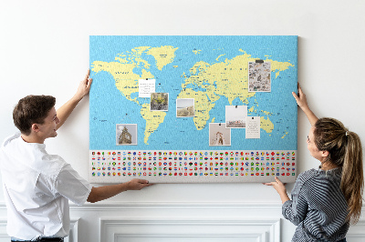 Tableau en liège Carte du monde avec les drapeaux des pays