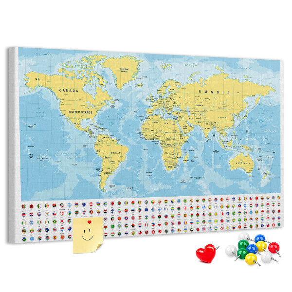 Tableau affichage liège Carte du monde avec épingles de couleur