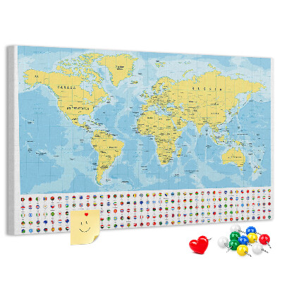 Tableau affichage liège Carte du monde avec épingles de couleur
