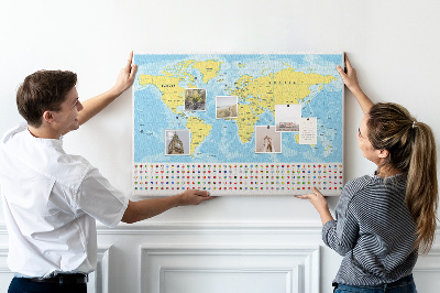 Tableau affichage liège Carte du monde avec épingles de couleur