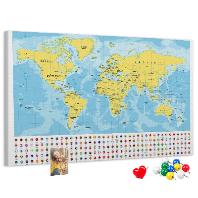 Tableau affichage liège Carte du monde avec épingles de couleur