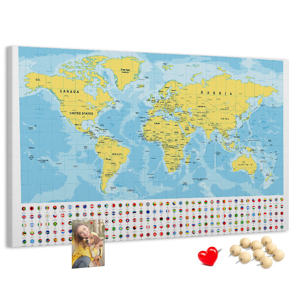 Tableau affichage liège Carte du monde avec épingles de couleur