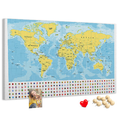 Tableau affichage liège Carte du monde avec épingles de couleur