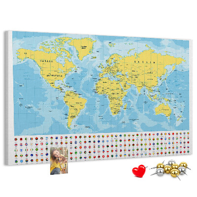 Tableau affichage liège Carte du monde avec épingles de couleur
