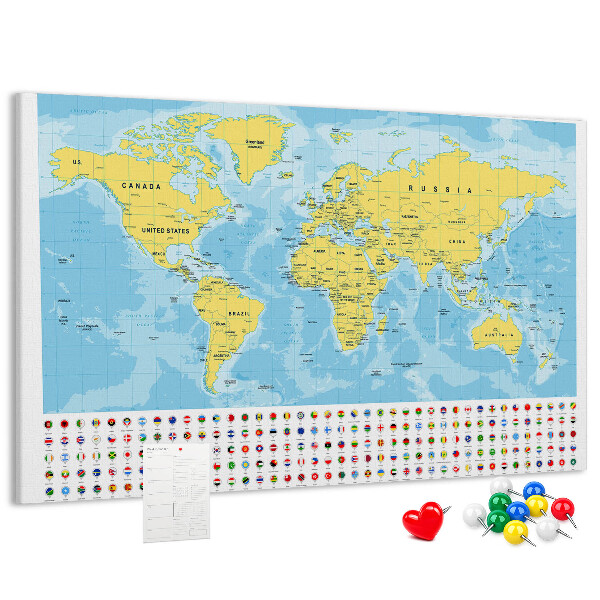 Tableau affichage liège Carte du monde avec épingles de couleur