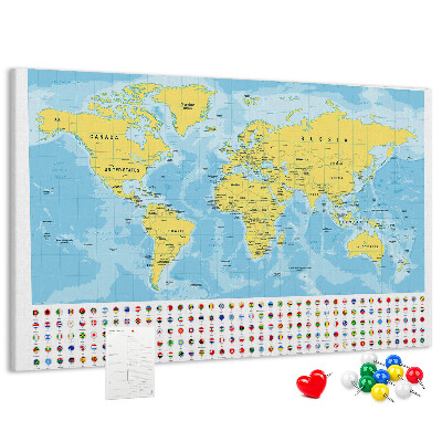 Tableau affichage liège Carte du monde avec épingles de couleur