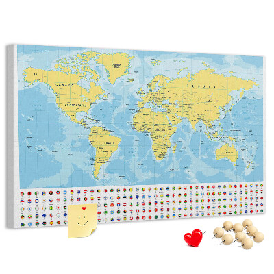 Tableau affichage liège Carte du monde avec épingles de couleur