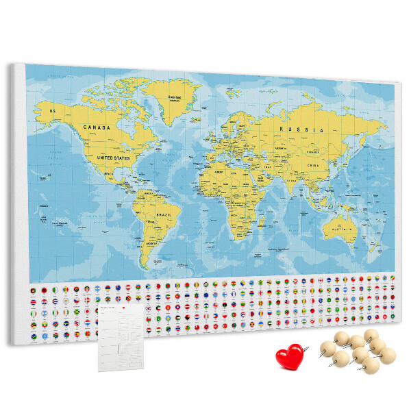 Tableau affichage liège Carte du monde avec épingles de couleur