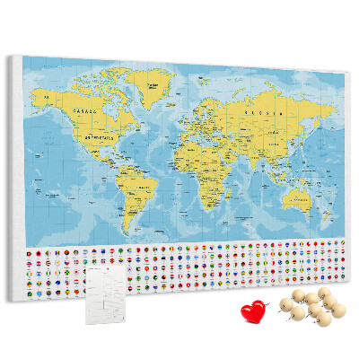 Tableau affichage liège Carte du monde avec épingles de couleur