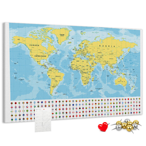 Tableau affichage liège Carte du monde avec épingles de couleur