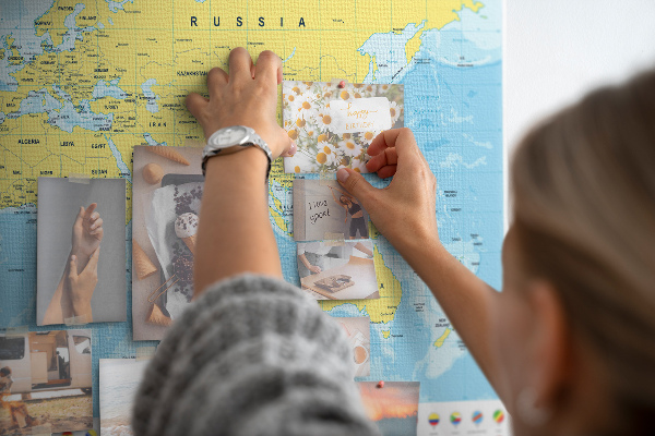Tableau affichage liège Carte du monde avec épingles de couleur