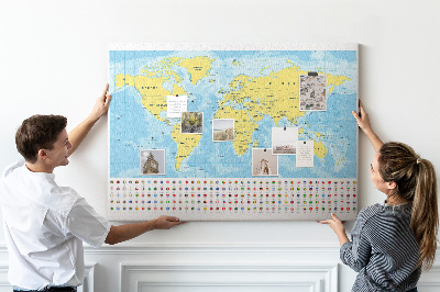 Tableau affichage liège Carte du monde avec épingles de couleur
