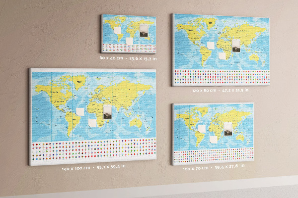 Tableau affichage liège Carte du monde avec épingles de couleur