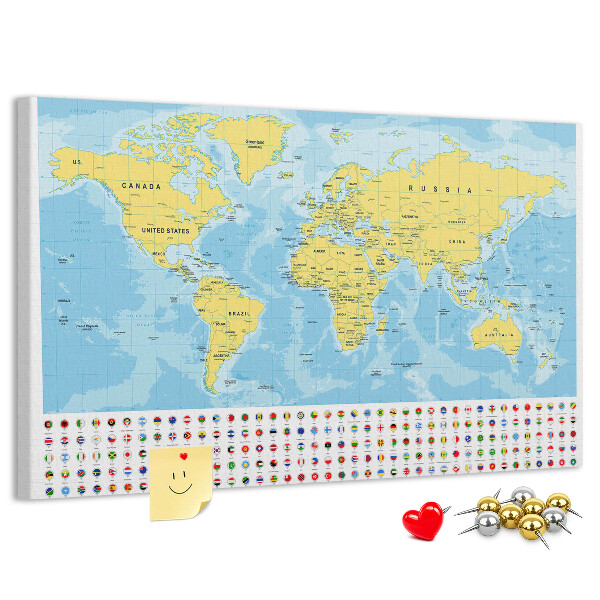 Tableau affichage liège Carte du monde avec épingles de couleur