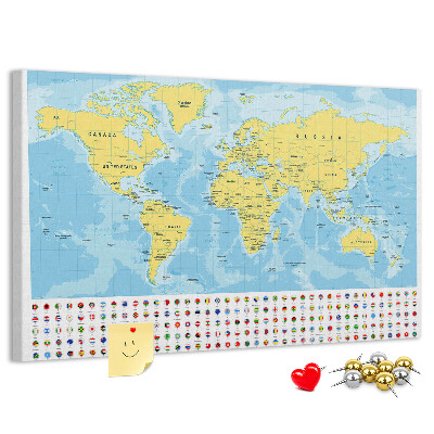 Tableau affichage liège Carte du monde avec épingles de couleur