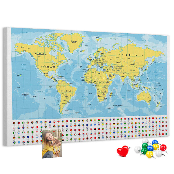 Tableau affichage liège Carte du monde avec épingles de couleur