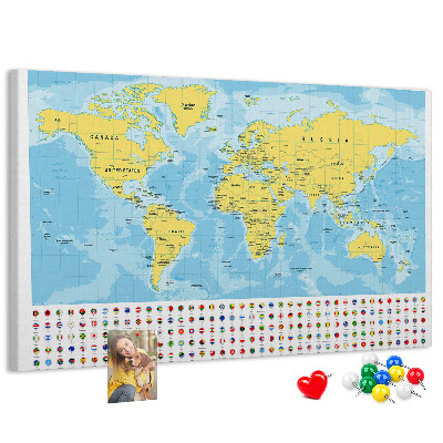 Tableau affichage liège Carte du monde avec épingles de couleur