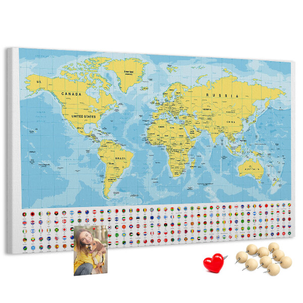 Tableau affichage liège Carte du monde avec épingles de couleur