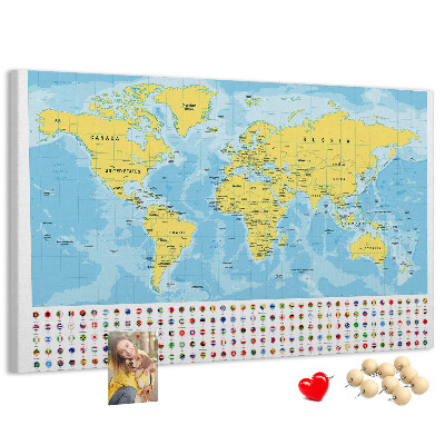 Tableau affichage liège Carte du monde avec épingles de couleur