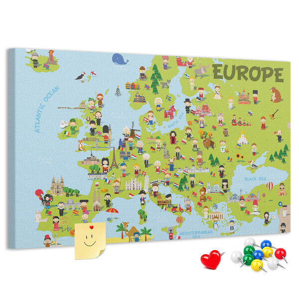 Tableau de liège Une carte colorée de l'Europe avec des icônes culturelles