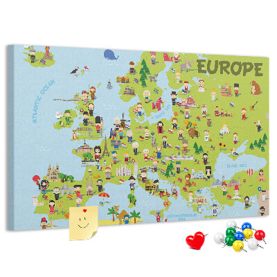 Tableau de liège Une carte colorée de l'Europe avec des icônes culturelles